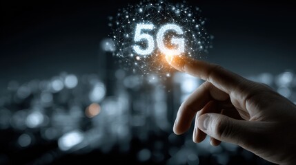 Finger pressing glowing 5G symbol with blurred city lights background technology network