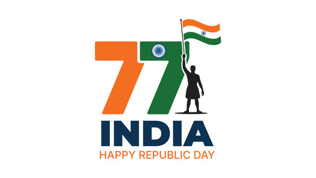 77th Indian Republic Day celebration design with patriotic silhouette holding tricolor flag and modern typography for national pride greeting banner poster vector illustration