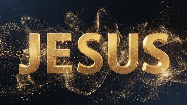 Golden "JESUS" 3D Text Cinematic Intro with Particles. Christian Religious Worship Video Background