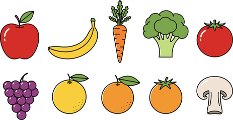 Collection of Fresh Fruits and Vegetables Including Apple Banana Carrot Broccoli Tomato Grapes Orange and Mushroom in Flat Vector Illustration Style
