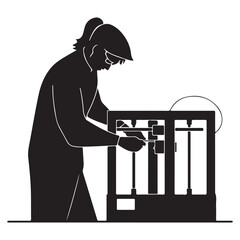  A person in glasses carefully interacting with a 3d printer in a manufacturing process