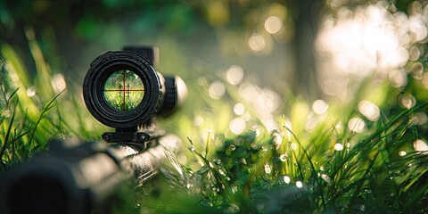 Focus on a scope against a backdrop of blurry green foliage with morning dew