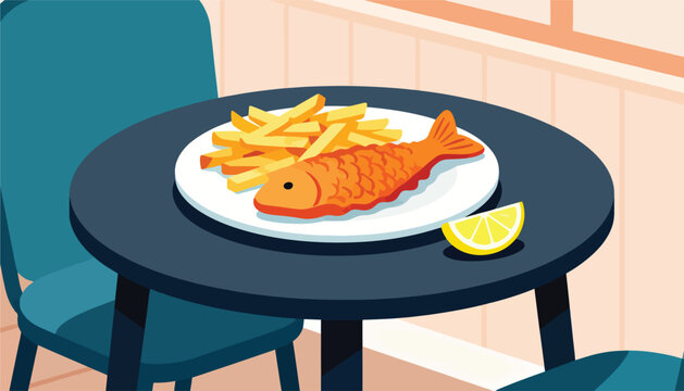 Crispy fried fish and chips with lemon slice on a table