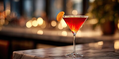 A vibrant cocktail with an orange garnish sits atop a marble-like bar. Bokeh lights in background