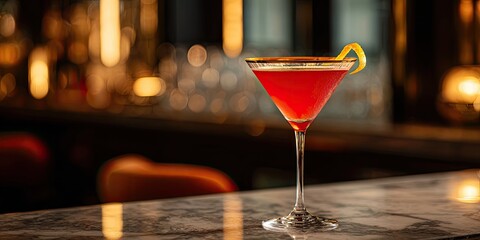 A vibrant, red cocktail in a stemmed glass with a lemon twist, set against a blurred bar