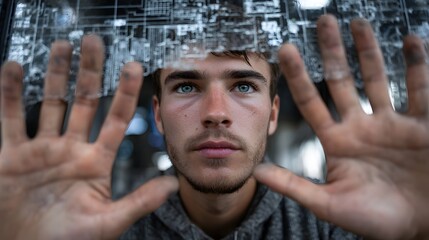 Young man interacting with a virtual interface using hand gestures, representing augmented reality, and digital innovation