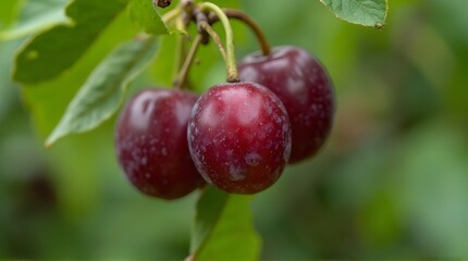 Obraz premium three plums hanging from their stalks on the tree
