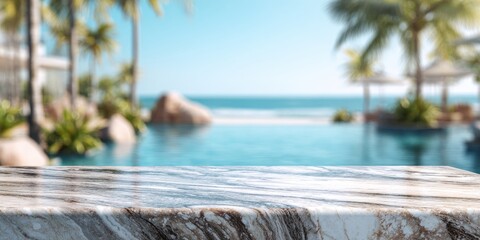 Marble tabletop with a blurred view of a pool, ocean, and palm trees