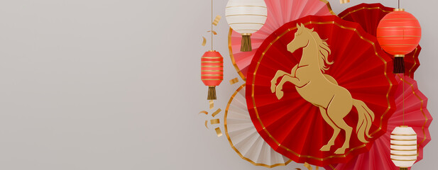 2026 Horse Year Chinese New Year designs for 2026, Golden Horse symbol and element with 3D render