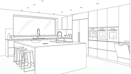 Modern kitchen interior design illustration with sleek countertops and minimalist cabinetry
