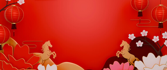 3D Render 2026 Red Chinese New Year background with lanterns, plum blossoms, and golden horse zodiac symbols, elegant festive design