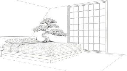 Serene Bedroom Scene with Tree and Grid Window
