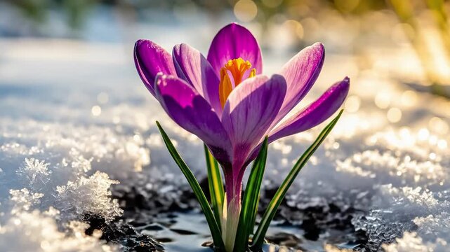 Purple crocus flower bud emerges through melting snow with sunlight rays, early spring hope nature renewal symbol