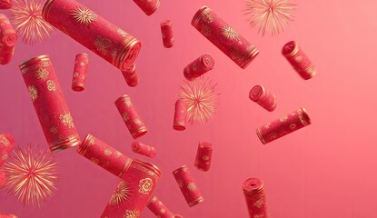 Festive CG illustration showcasing red cylindrical objects with golden accents floating on a gradient background