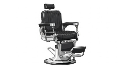 Vintage illustration of a classic barbershop chair with black leather and polished silver accents, isolated on white.