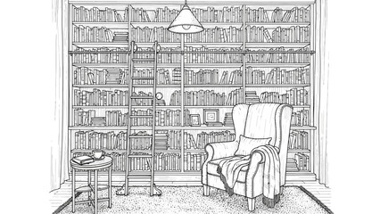 A serene library scene with a comfortable armchair and bookshelves from a frontal viewpoint