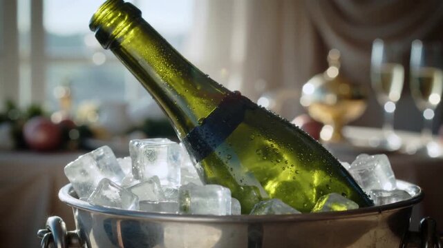 Chilled Sparkling Wine Bottle in Ice Bucket Ready for Celebration at Elegant Table Setting