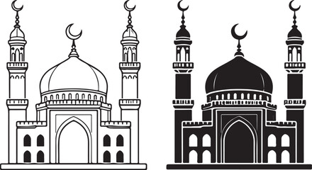 Mosque silhouette with crescent moon symbol isolated on white background, Vector, illustration © vectorzking