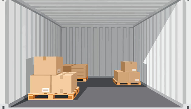 Inside view of an open shipping container with stacked cardboard boxes on pallets
