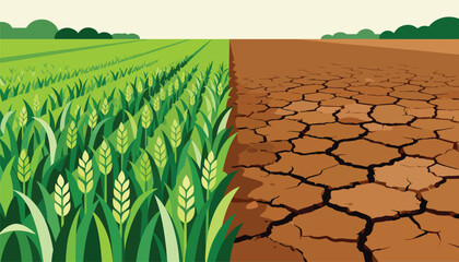 Verdant crops flourish on one side, while parched, cracked earth dominates the other