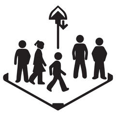  People gathering on a designated platform with an overhead arrow indicating direction