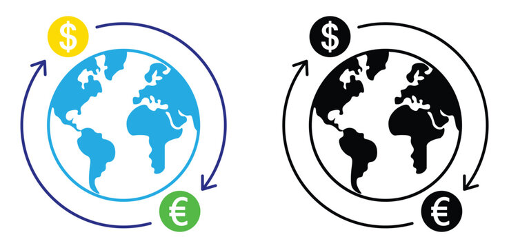 global currency exchange icon featuring circular arrows and dollar, euro coins, representing international finance and money transfer, isolated on transparent background.