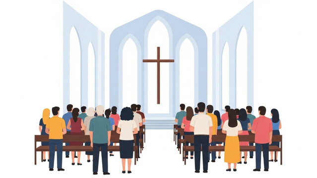 Reverent illustration of a congregation viewed from the back, attending a church service and looking towards a large cross.