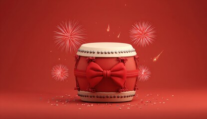 Animated drum with red ribbon and fireworks on a vibrant red backdrop