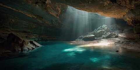 A cavern interior with a turquoise pool, sunbeams, and layered rock formations