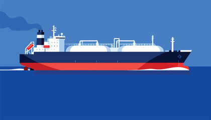 Large tanker ship with white tanks and blue hull sails through dark blue water