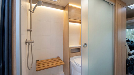 A modern bathroom inside a camper vehicle is illuminated. It shows a shower with a fold-down wooden seat and a compact toilet within a cabinet.