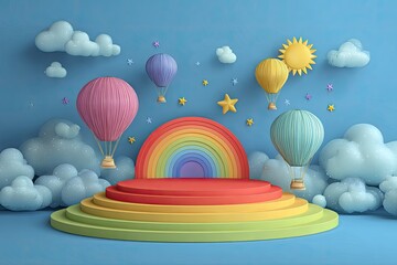 Whimsical illustration of hot air balloons, clouds, and rainbow against a blue backdrop