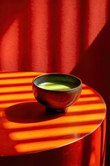 A bowl of vibrant green matcha tea rests on a red table with striped shadows