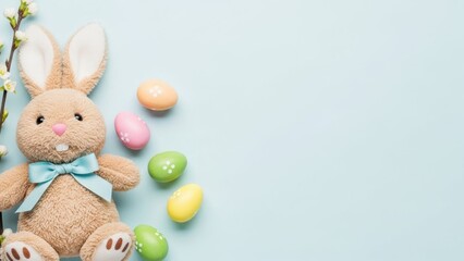 Obraz premium Plush Easter bunny toy with colorful eggs for spring holiday celebration or greeting card. Minimalist design for festive decor.