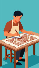Person creating traditional artwork with a tool
