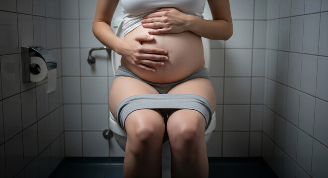 Legs of a woman with her panties down sitting on the toilet and holding her stomach, concept of urological problems and urinary incontinence, stomach upset, constipation and diarrhea.