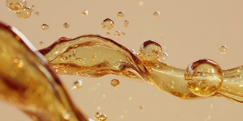 Flowing golden liquid with bubbles against a soft, peach-colored background