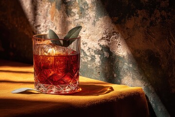 Cocktail in a crystal glass garnished with sage leaf, illuminated by sunlight