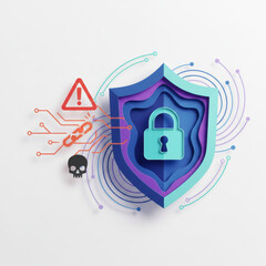 Digital security shield protecting against hackers and malware threats. 3D paper cut illustration featuring warning icons, broken links, and skulls representing cyber attack prevention.