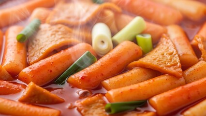 Tteokbokki dish with fish cakes and vegetables in spicy red sauce