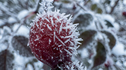 A vivid red rose hip sparkles, completely covered in needle-like ice crystals. Nearby leaves are frosted with snow, hinting at a freezing cold winter morning.