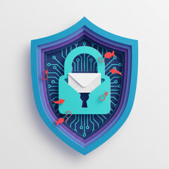 Paper cut shield with a padlock and envelope surrounded by fish hooks, symbolizing protection against phishing attacks, email security, and social engineering defense.