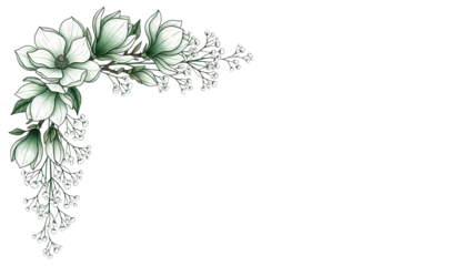 Elegant watercolor corner frame featuring magnolia and baby's breath in deep emerald green isolated on white background