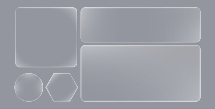 Collection of frosted glass design elements featuring various geometric shapes like rectangles circles and hexagons for modern interface backgrounds