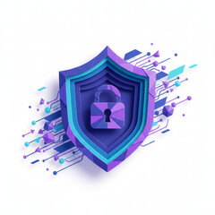 Advanced data encryption and digital privacy shield. Modern 3D paper cut illustration of a secure layered shield with a padlock and abstract geometric network elements.