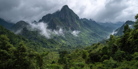 Lush, forested mountain range under a cloudy sky. Mist fills valleys. Dense greenery in foreground