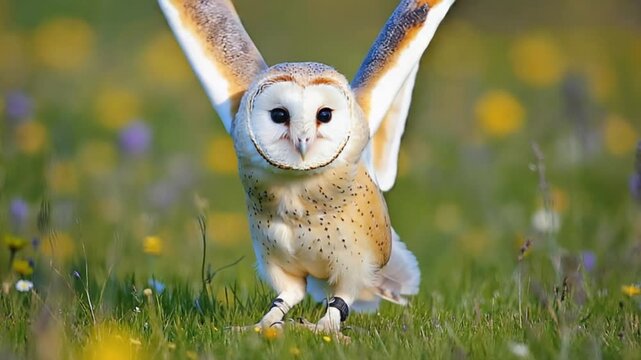 Barn owl standing in a field of wildflowers looking directly at the camera