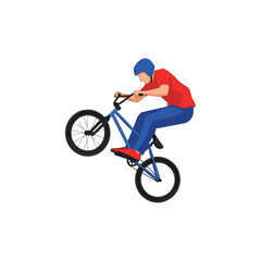 Fototapeta premium Man Riding Blue Bicycle in Mid Air.