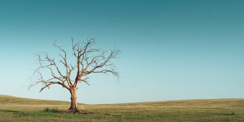 A solitary, bare tree stands in a field of dry grass, under a clear, pale blue sky