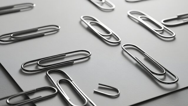Many silver paper clips on gray.